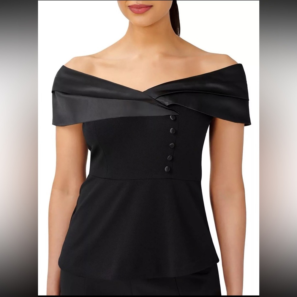 Adrianna Papell Womens Black Satin Solid Off The Shoulder Shirt 2